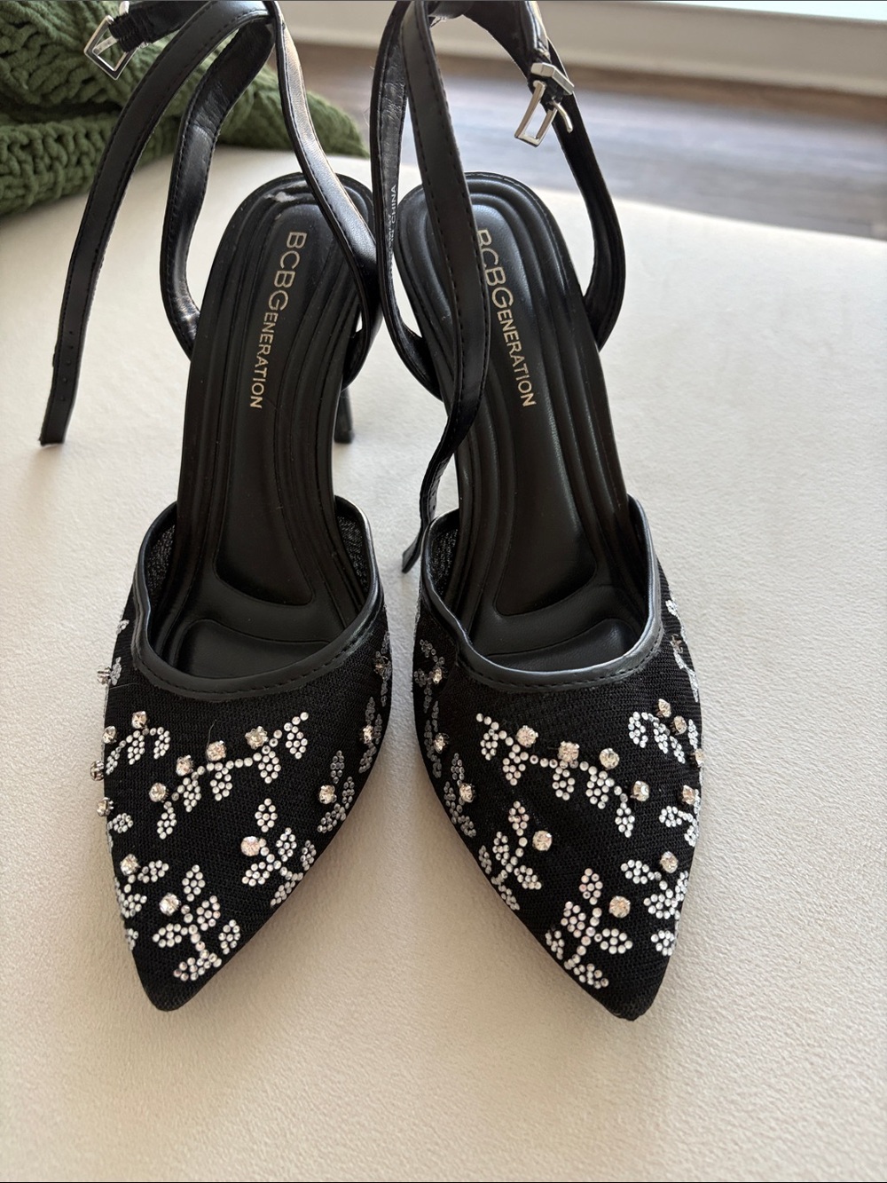 BCBGeneration Black Crystal-Embellished Pointed Slingback Heels
